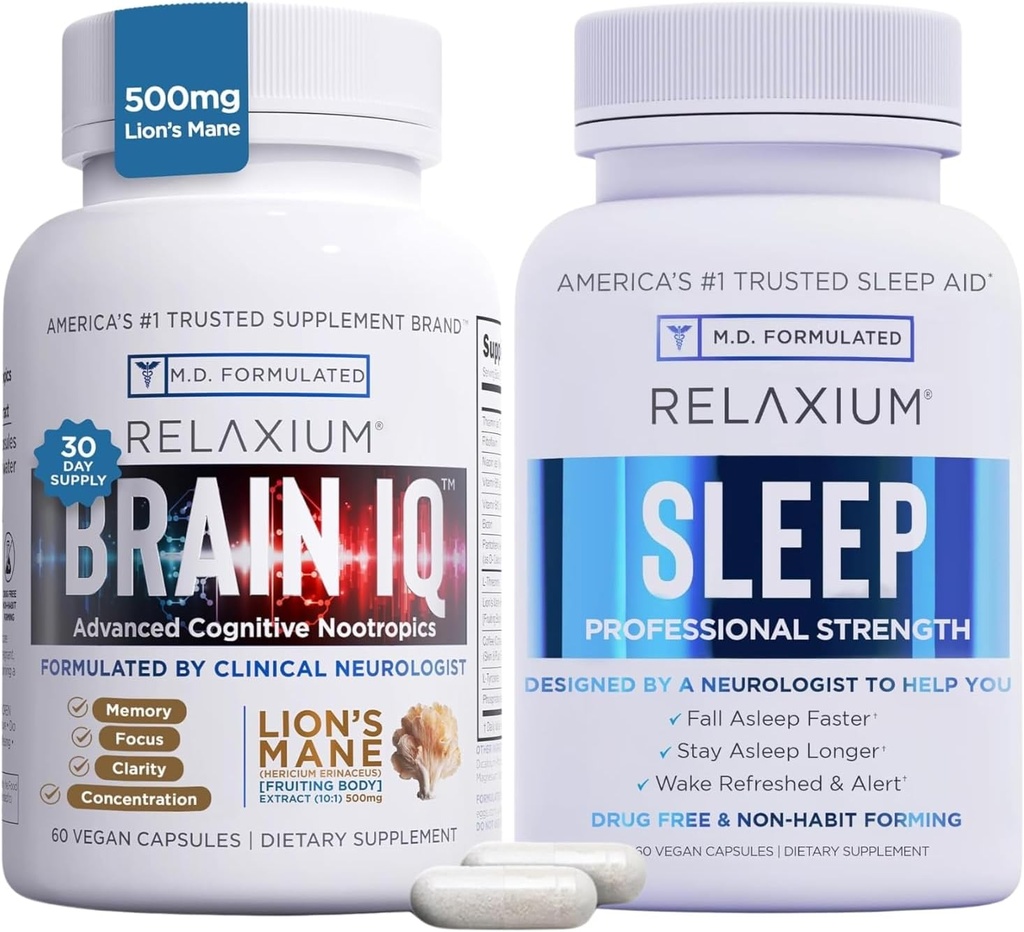 Relaxium Sleep Aid 60 Capsule + BrainIQ Nootropic Brain Supplements 60 Capsule (Family Pack Sleep & Brain Bundle)