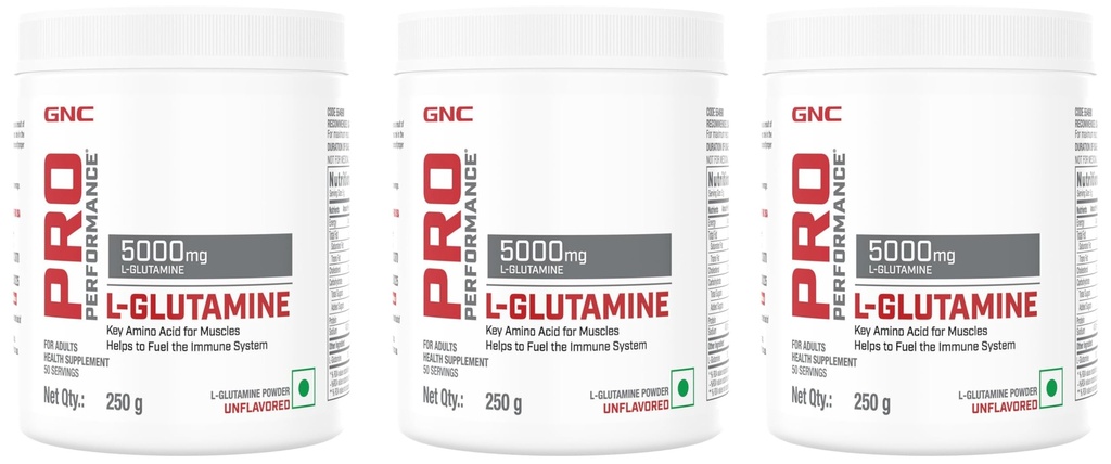 GNC Pro Performance L-Glutamine 5000 mg - 50 Servings - 0.55lbs, 250 gm (Unflavored) (Pack of 3)