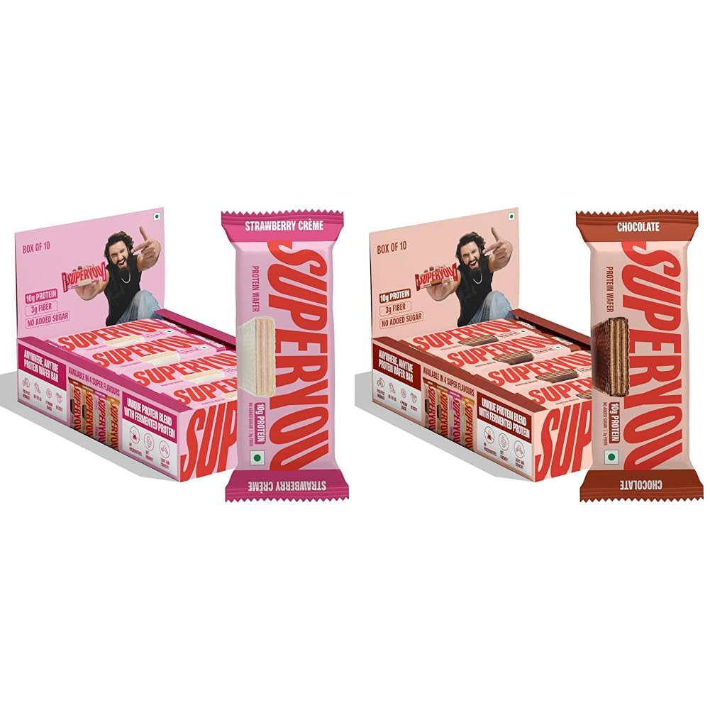 Superyou Strawberry & Chocolate Protein Wafer Bars Combo. 10g Protein, 3g Fiber, No Added Sugar, Vegetarian, No Palm Oil. 400g each.