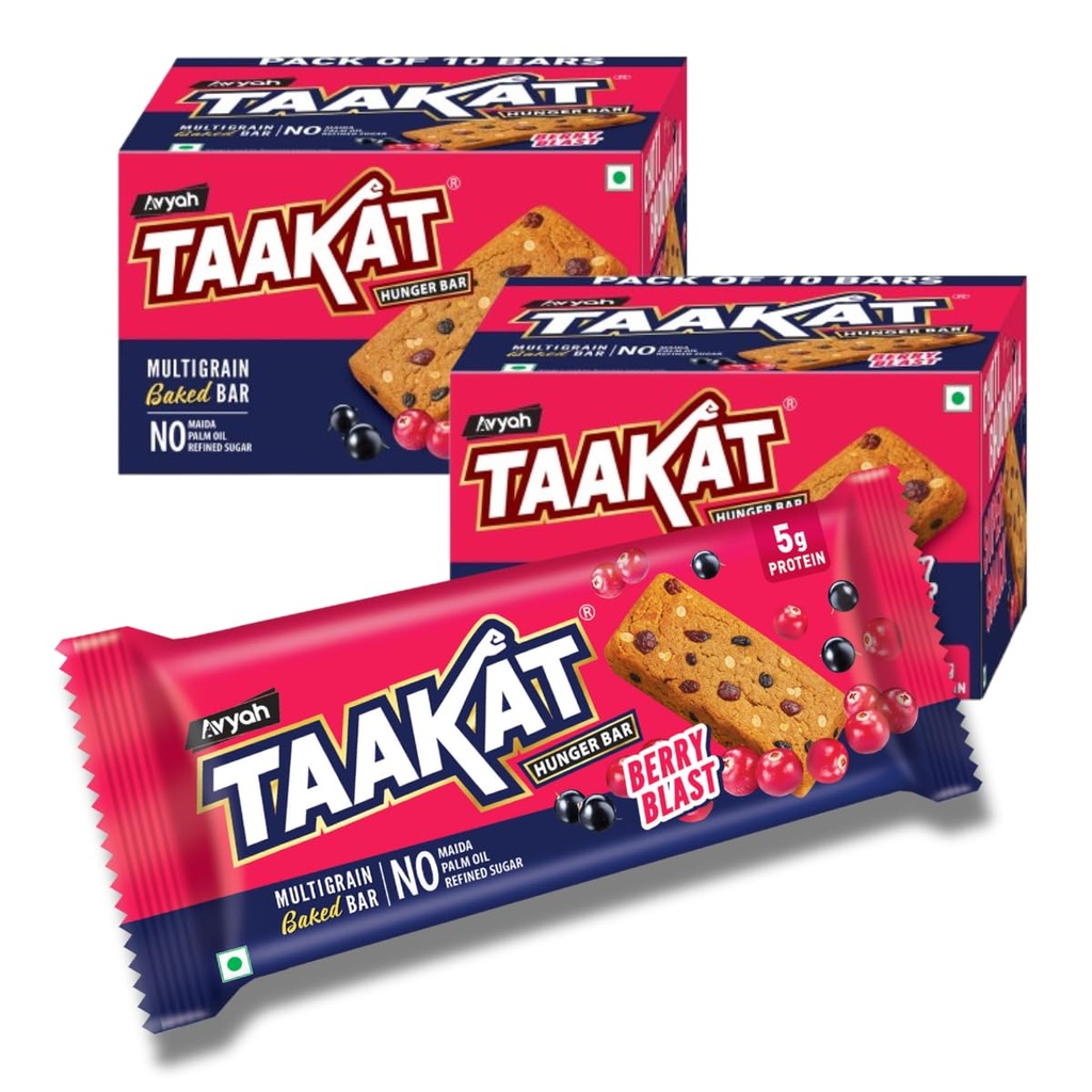 Taakat Hunger Bar - Berry Blast: Pack of 10 X 2 | Multigrain Baked Bar| Cranberry & Black Currant | NO - Maida, Palm Oil and Refined Sugar