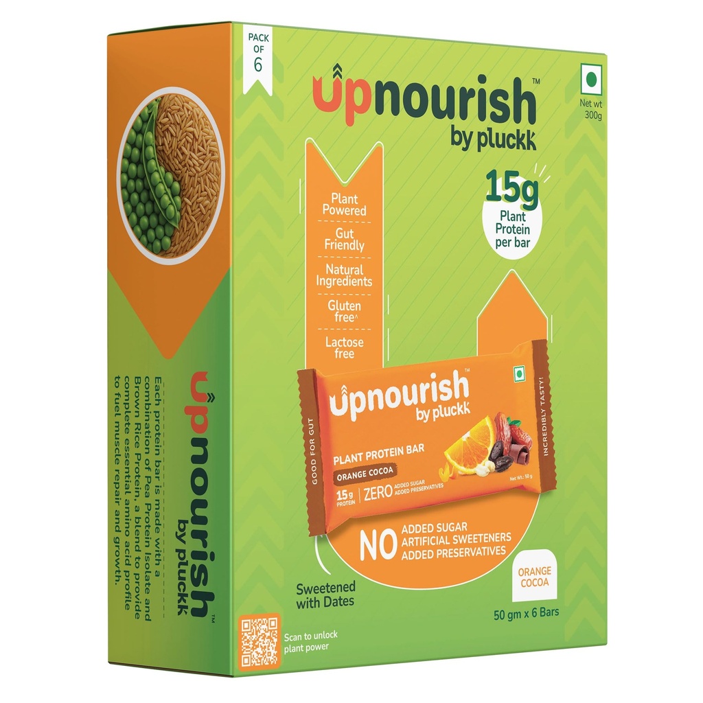 Chocolate Orange Protein Bar - No Refined Sugar (Pack of 6) | 15 g Complete Protein | Upnourish by Pluckk (Cocoa Orange)