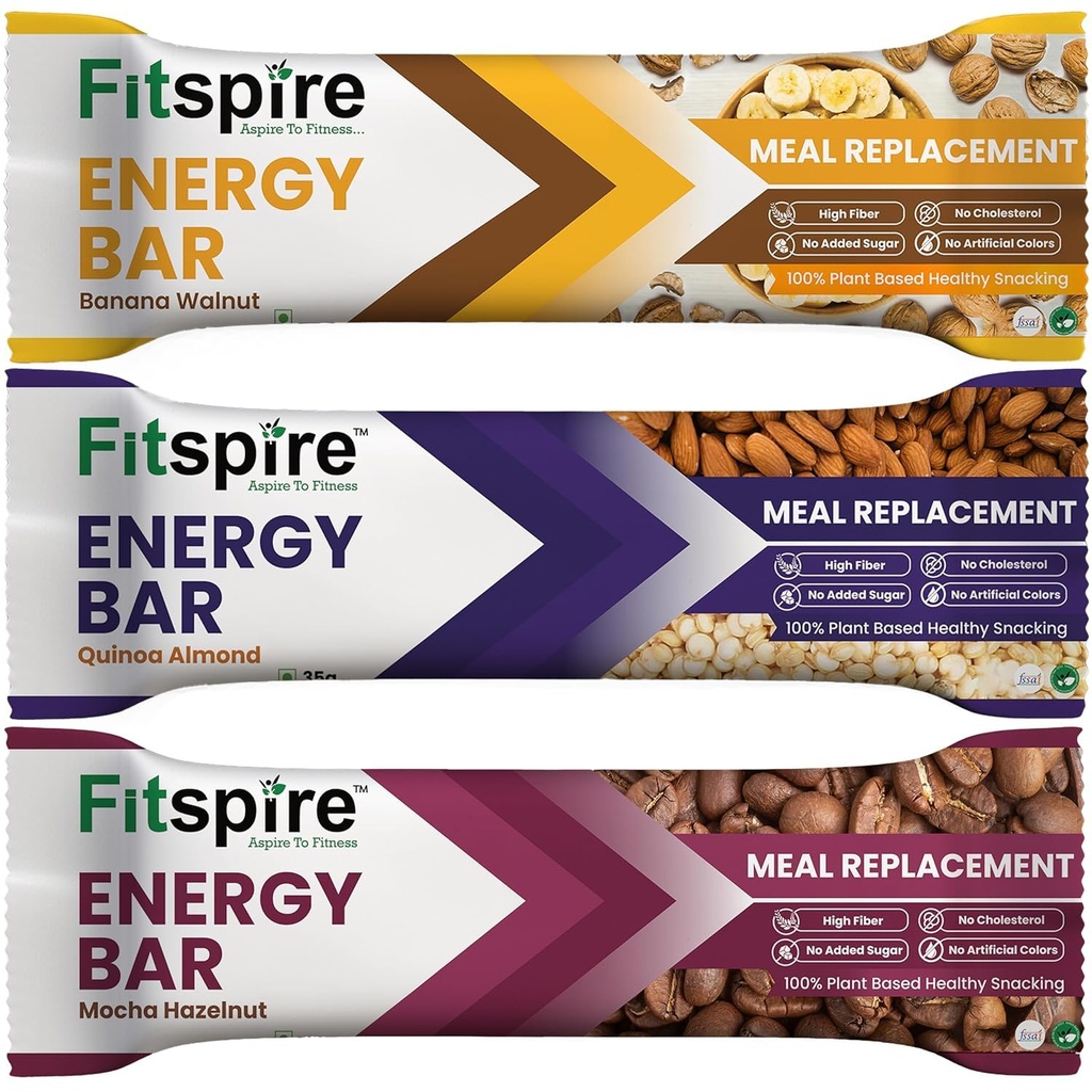 Fitspire Energy Bar Variety Pack 3 x 35g - Quinoa Almond, Mocha Hazelnut and Banana Walnut - Crunchy Granola with Oats, Nuts and Seeds - High Protein and Fiber - Plant-Based Vegan Bar