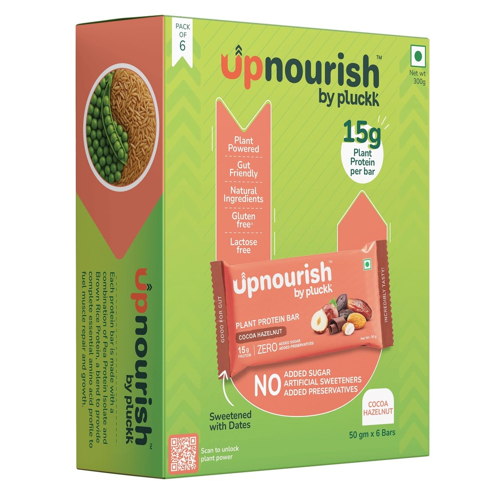 Upnourish by Pluckk | 15G Plant Protein Bar | Cocoa Hazelnut | No Preservative | No Added Sugar | Gut Friendly (Pack of 6) - 300G