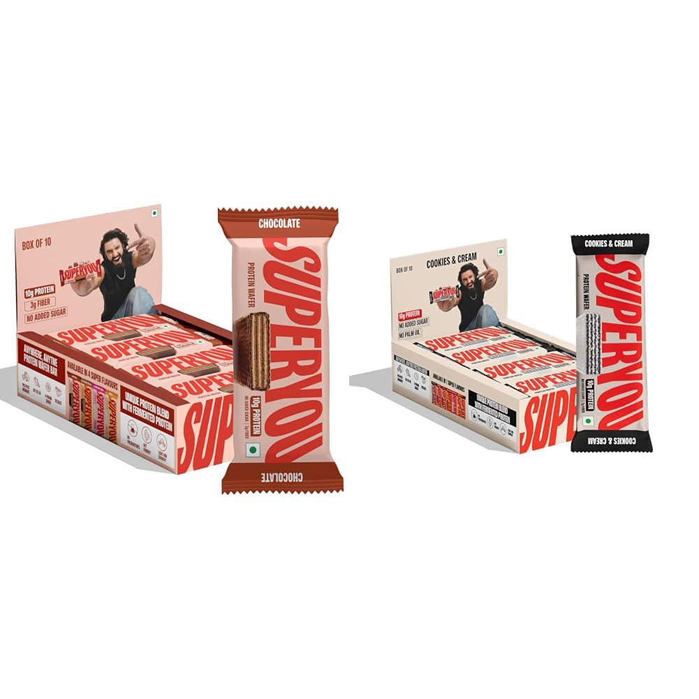 SuperYou Chocolate Protein Wafer Bars (Pack of 10) and Cookies & Cream Protein Wafer Bars (Pack of 10) | 10g + 10g