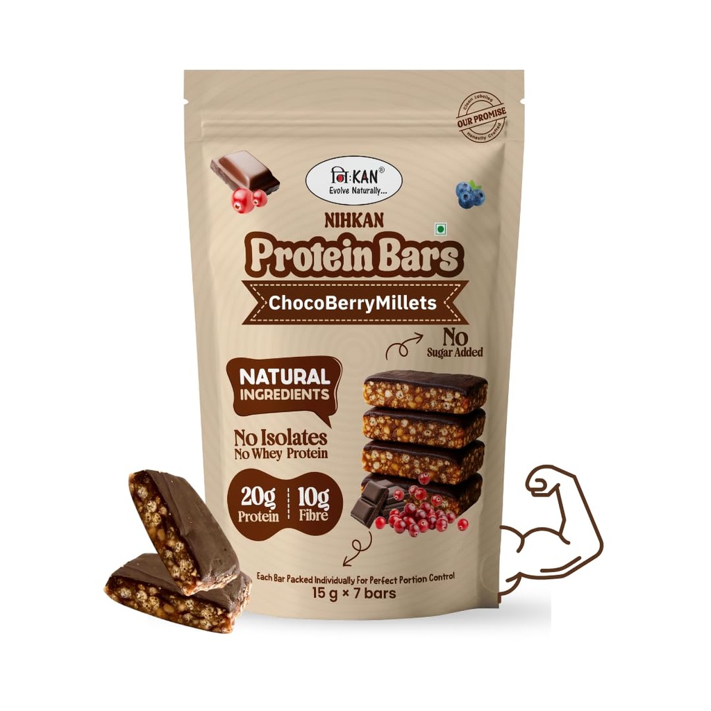 NIHKAN Choco Berry Millets Protein Mini Bars | Sugar-Free, Preservatives Free, Natural Ingredients Energy bar | Made with Millets, Dark chocolate & Cranberries Blueberries | Gluten free & Vegan | 15 g x 7 bites