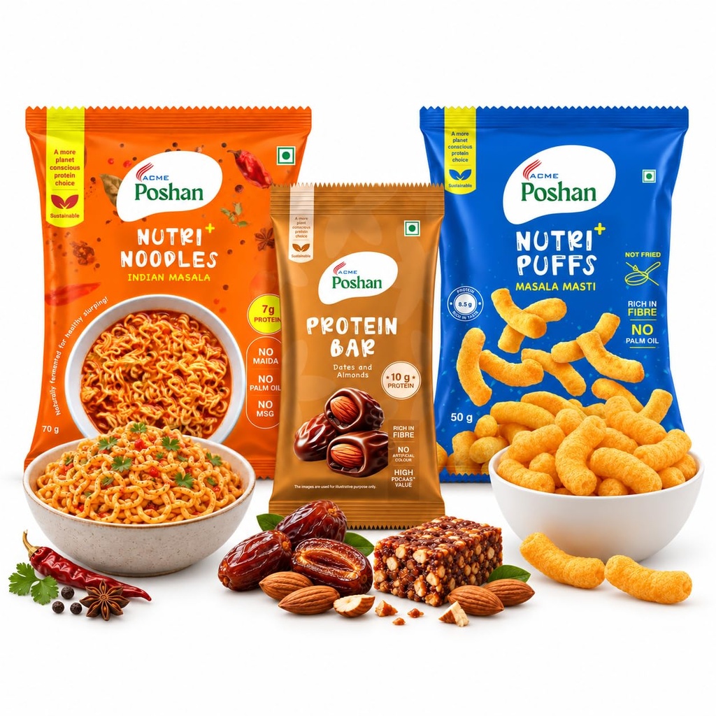 ACME Poshan Snack Variety Pack, Dates & Almonds Protein Bar, Nutri+ Noodles Indian Masala, Nutri+ Puffs Masala Masti, High Protein, No Palm Oil, No MSG Healthy Snacks Combo, Pack of 3 (170g Total)