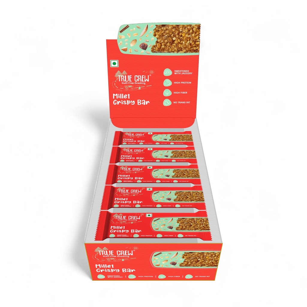 True Crew Millet Crispy Bar | 25gm Each (Pack of 10) | Healthy Snack Bar with Jaggery | High Protein, High Fiber, No Trans Fat | Guilt-Free Energy Bar