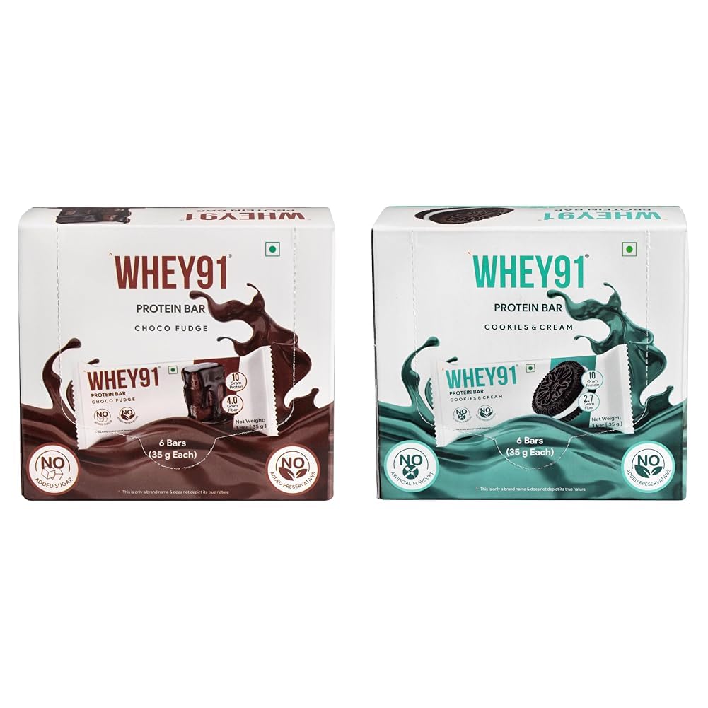 Whey91 Choco Fudge Protein Bar, 10g Protein & 4g Fiber in each, No Added Preservatives, No Artificial Flavours, 210g- (Pack of 6)|Whey91 Cookies & Cream Protein Bar, 10g Protein & 2.7g Fiber in