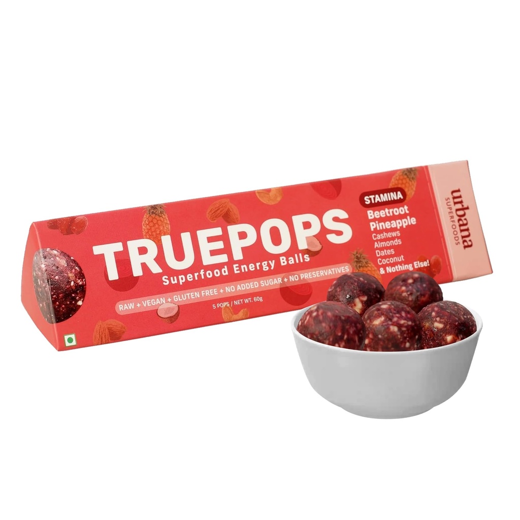 Urbana Superfoods Truepops Energy Balls | Healthy Vegan Snack | Beetroot Pineapple Flavor | Gluten Free, Keto Friendly | Natural Superfood Bites | 240g (4 x 60g)