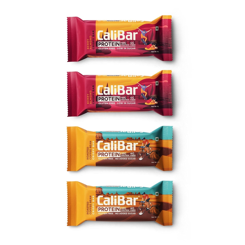 CaliBar 10g Protein Bar - Berry Almond + Roasted Coffee Bean Crispy Bar (Combo Pack of 4) Assorted Pack, With Real Coffee, With Real Bits of Cranberry & Blackcurrant, Low In Sugar, Sweetened With Honey, Gluten-Free, 4g Fiber, No Preservatives, Delicious Taste & 100% Veg. | Guilt-Free snacking for High Protein diets, Sustained Energy, Fitness & Immunity (40g x 4 Bars)