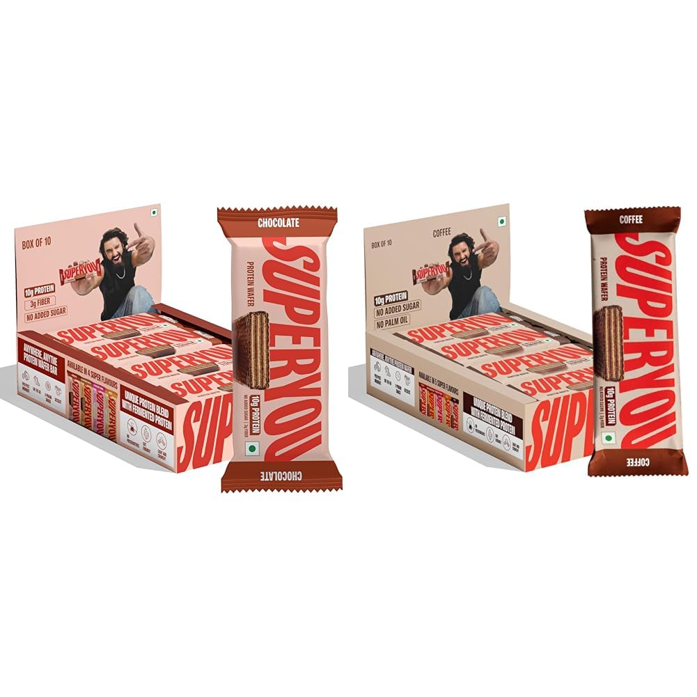 SuperYou Chocolate & Coffee Protein Wafer Bars Combo. 10g Protein, 3g Fiber, No Added Sugar, Vegetarian, No Palm Oil. 400g each.