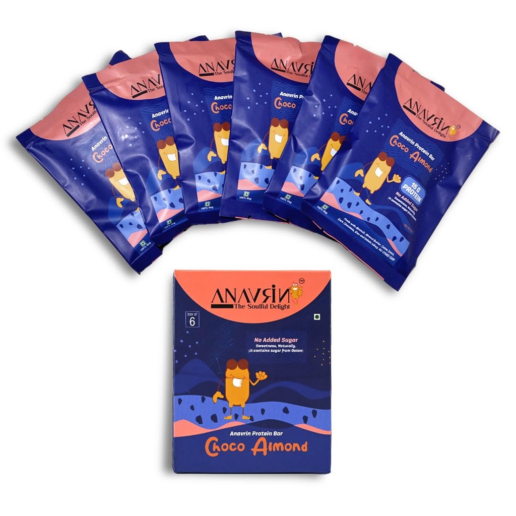 ANAVRIN Choco Almond Protein Bar - 15g Protein, 5g Fibre with Goodness of Dates (6 Bars x 50gm) No Added Sugar, No Soy, No Preservatives Gluten Free Energy Bar, Healthy Snack