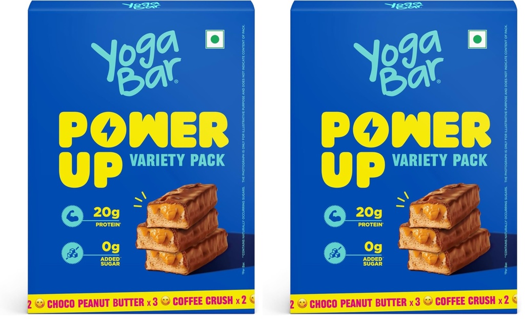 Yogabar Power Up 20g Protein Bar (5 Bars, Variety Pack, No Added Sugar) | Zero Added Sugar Protein Bars | High Protein Blend - Whey Protein Concentrate, Peanuts & Soy (Pack of 2)