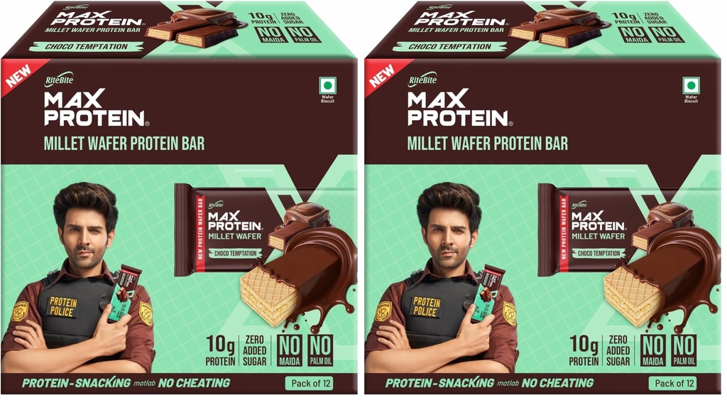 RiteBite Max Protein Choco Temptation 10g Protein Millet Wafer Bars (Pack of 24), No Maida, No Palm Oil, Zero Added Sugar, Crunchy Wafer Snack, 480g