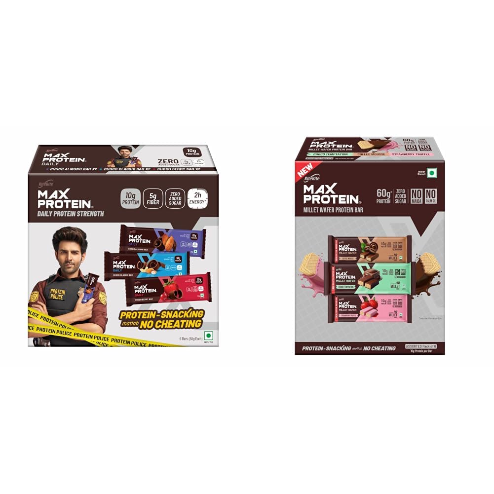 RiteBite Max Protein Daily Assorted Protein Bars with 10g Protein and Assorted 60g Protein Wafer Bars (Pack of 6) | 10g + 60g