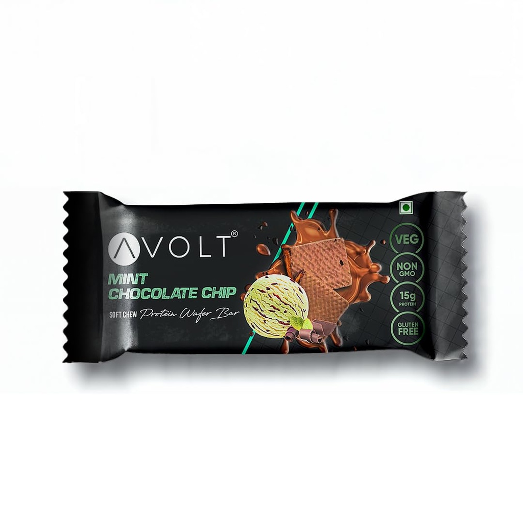 Avolt Mint Chocolate Chip Protein Wafer Bars with 15g Protein | Pack of 1 | High Energy Protein Bars, Gluten Free Snack with Dark Chocolate & Mint Flavour, For Fitness & Immunity Booster
