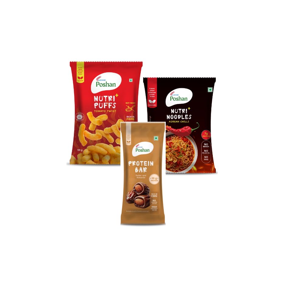 ACME Poshan Snack Variety Pack, Dates & Almonds Protein Bar, Nutri+ Noodles Korean Chilli, Nutri+ Puffs Tomato Twist, High Protein, No Palm Oil, No MSG Healthy Snacks Combo, Pack of 3