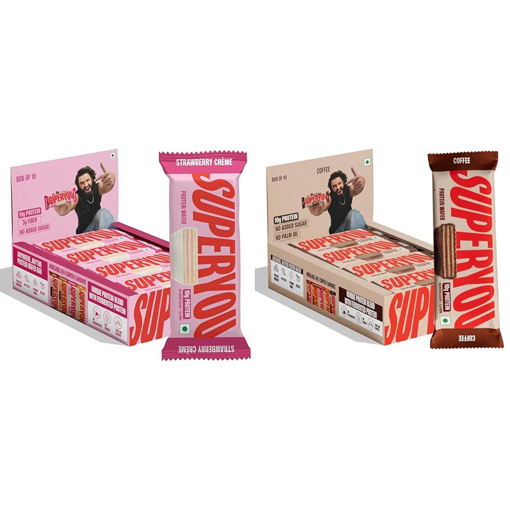 Superyou Strawberry & Coffee Protein Wafer Bars Combo. 10g Protein, 3g Fiber, No Added Sugar, Vegetarian, No Palm Oil. 400g each.