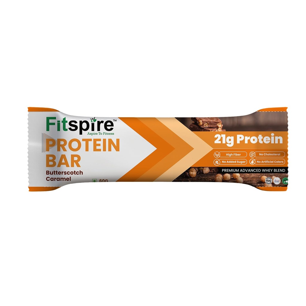Fitspire Butterscotch Caramel Protein Bar (60g)- 21g Protein from Whey Blend- Low Sugar High Fiber Snack- Supports Muscle Recovery, Satiety and Energy- No Artificial Preservatives