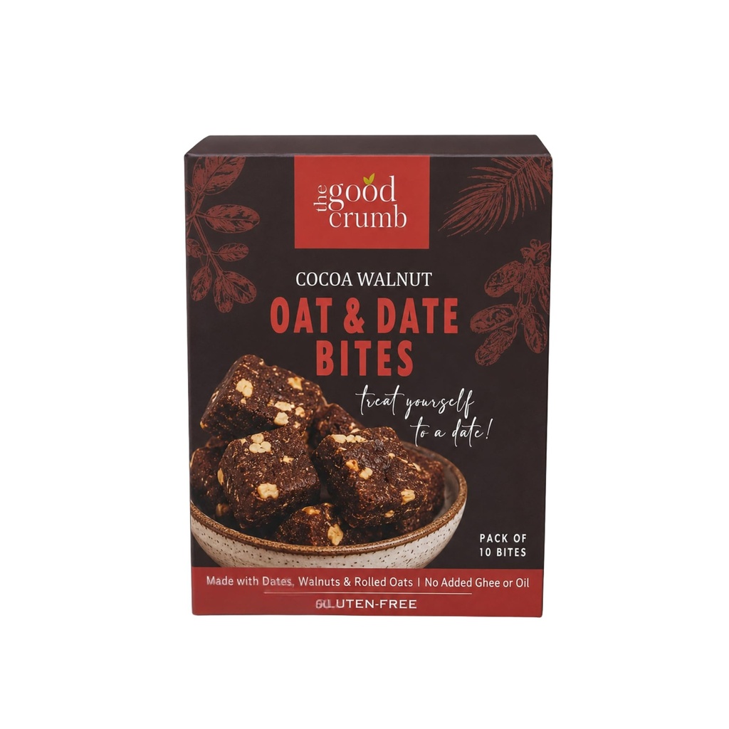 The Good Crumb Cocoa Walnut Oat and Date Bites I Made with Oats, Walnuts & Dates I Fudgy & Chocolatey I 10 Bites I 180g I Gluten-Free I No Added Refined Sugar I 14.8g Protein