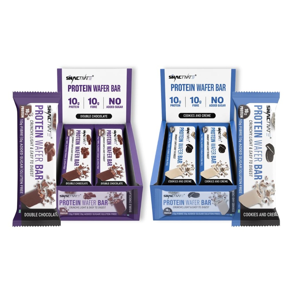 Snactivate India’s 1st Protein Wafer Bar - Double Chocolate & Cookies Creme (Pack of 12, 40g Each) | Real Whey 10g Protein, 10g Fibre & Zero Added Sugar | No Maida | Crunchy & Healthy Snack