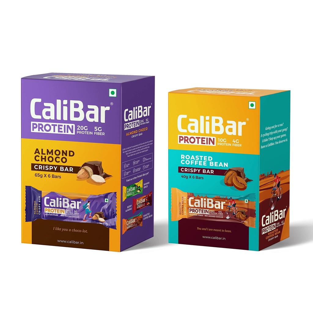 CaliBar 20g & 10g Protein Bar Almond Choco & Roasted Coffee Bean Crispy Protein Bar Combo - No Added Sugar, Gluten-Free, 4g Fiber, No Preservatives, No Palm Oil & 100% Veg. (12 Bars)