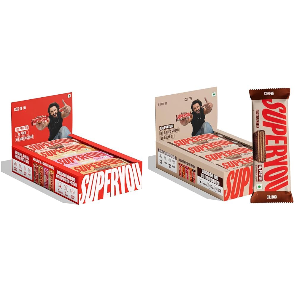 SuperYou Assorted & Coffee Protein Wafer Bars Combo. 10g Protein, 3g Fiber, No Added Sugar, Vegetarian, No Palm Oil. 400g each.