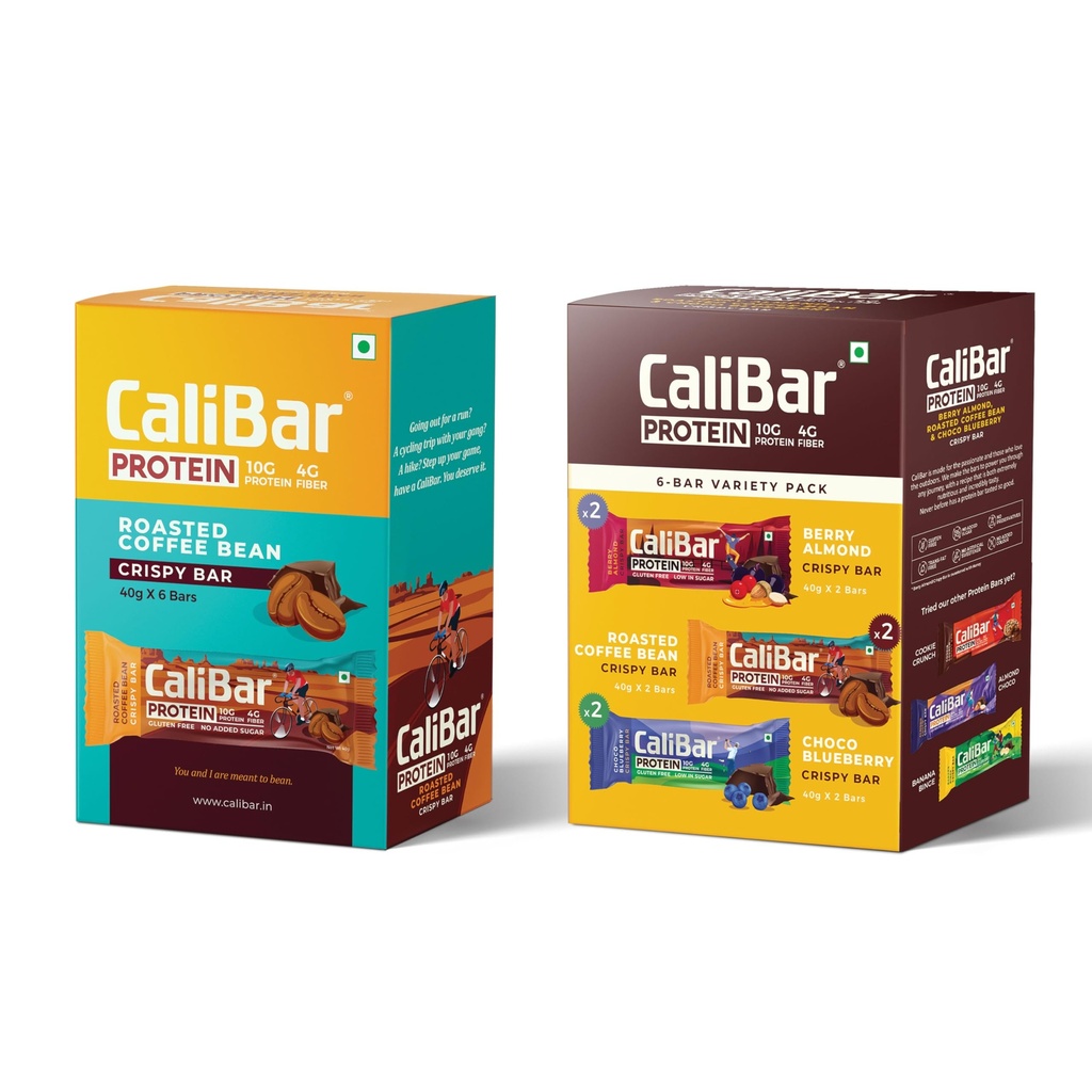 CaliBar 10g Protein Bar Variety Pack & Roasted Coffee Bean Crispy Protein Bar Combo - No Added Sugar, Gluten-Free, 4g Fiber, No Preservatives, No Palm Oil & 100% Veg. (40g x 12 Bars)