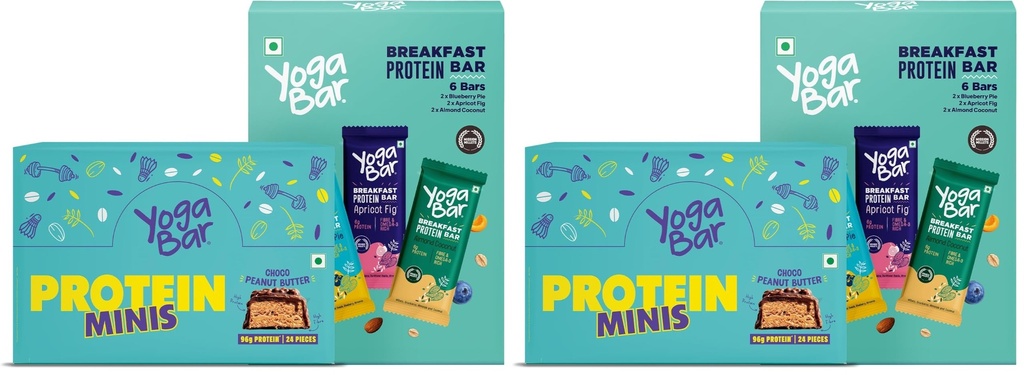 Yogabar Protein Variety Pack, Breakfast Protein Bars and Choco Peanut Butter Minis, 24 Pieces (Pack of 2)