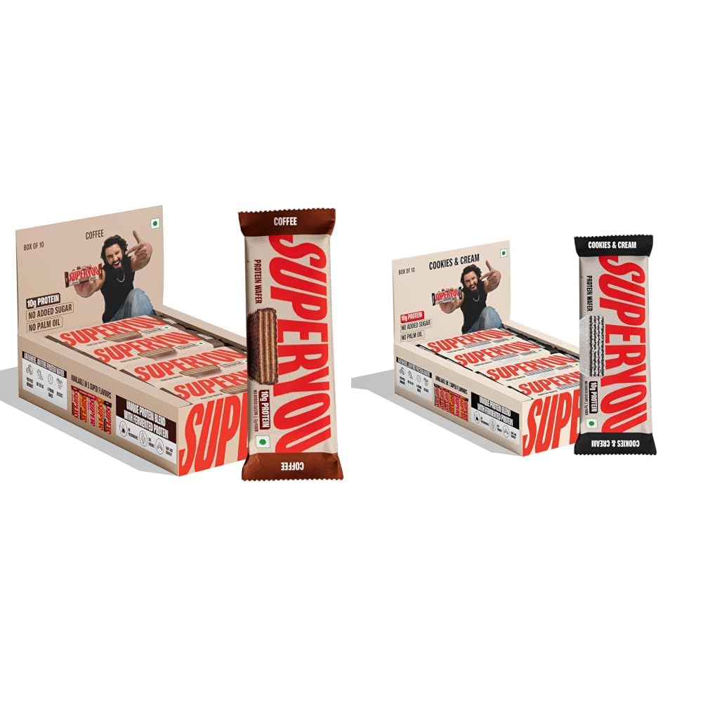 SuperYou Coffee Protein Wafer Bars (Pack of 10) and Cookies & Cream Protein Wafer Bars (Pack of 10) | 10g + 10g