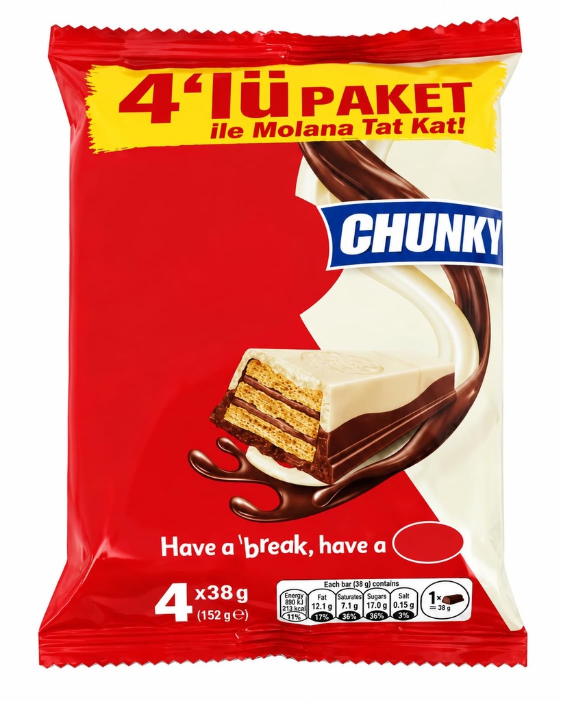 Chunky Chocolate & White Creme Wafer Bar Multipack, 4 x 38 g (152 g Total), Crispy Layered Wafer Snack