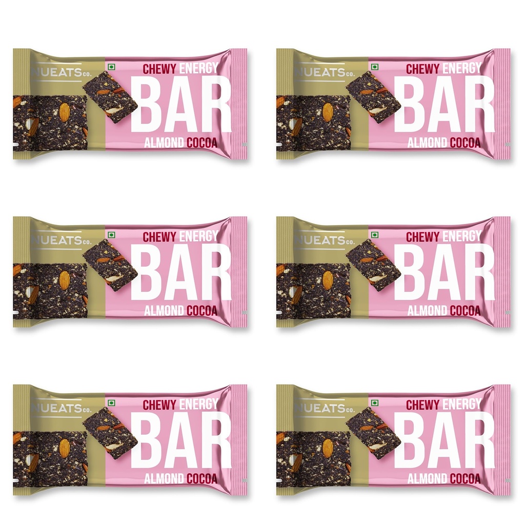 NUEATS co. Chewy Energy Bar Almond Cocoa Nut & Seed Snack Bar with Rich Cocoa Flavor, Crunchy Almonds & Chewy Texture On-the-Go Healthy Energy Snack for Workouts, Travel & Daily Nutrition Pack of 6