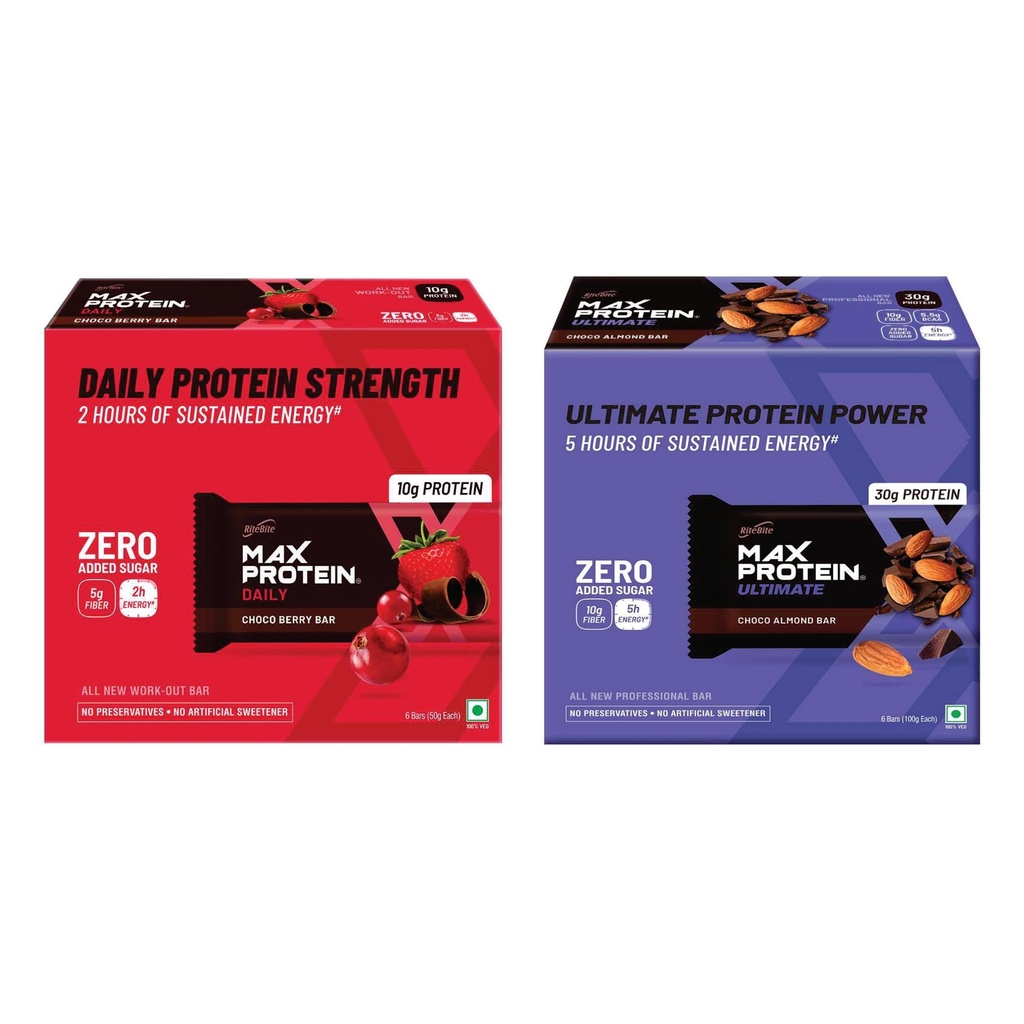 RiteBite Max Protein Daily Choco Berry (Pack of 6 300g (Standard)) & RiteBite Max Protein Ultimate Choco Almond Bars (600g Pack of 6 (Standard))