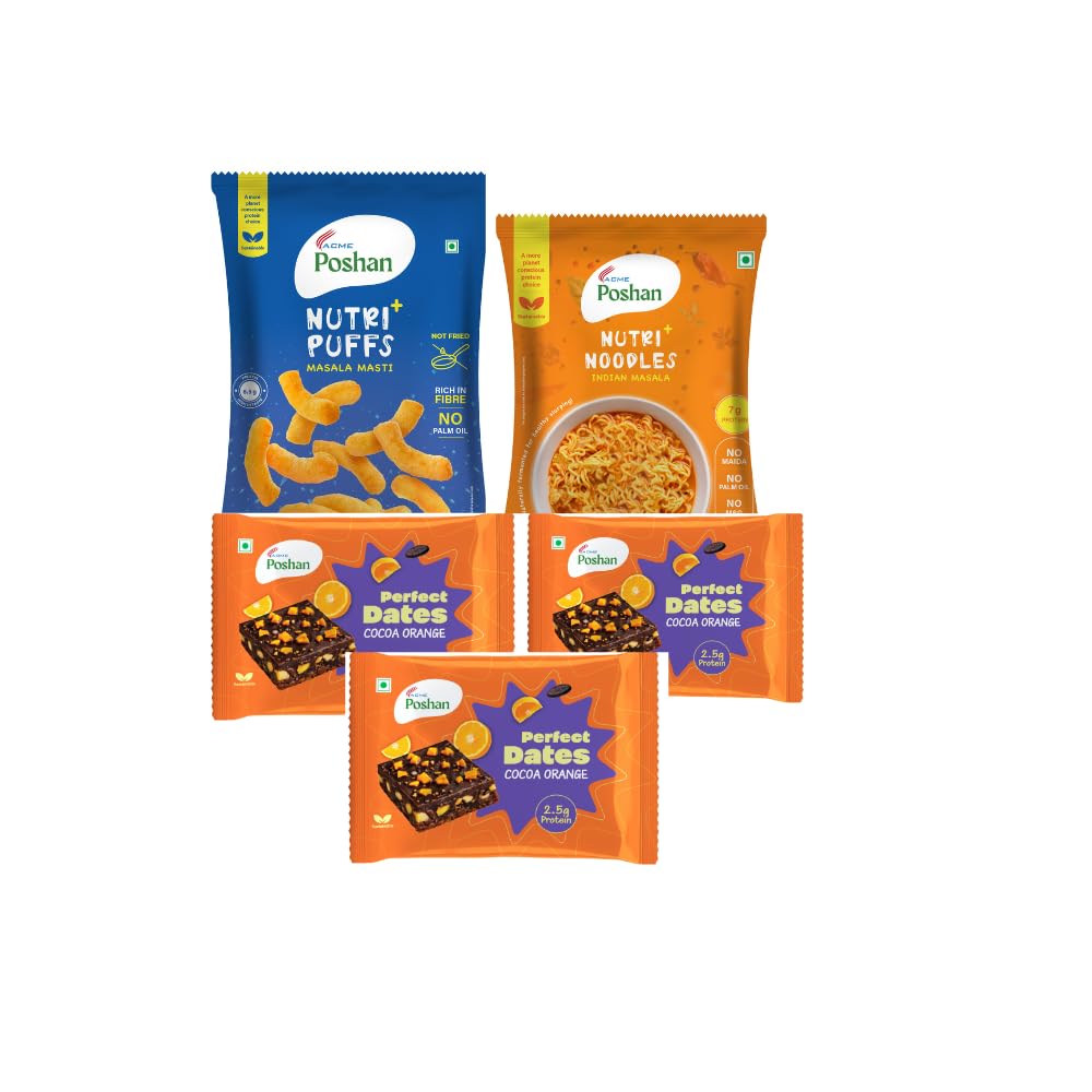 ACME Poshan Snack Variety Pack, Perfect Dates Cocoa Orange Pack of 3, Nutri+ Noodles Indian Masala, Nutri+ Puffs Masala Masti, No Palm Oil, High Protein Healthy Snacks Combo