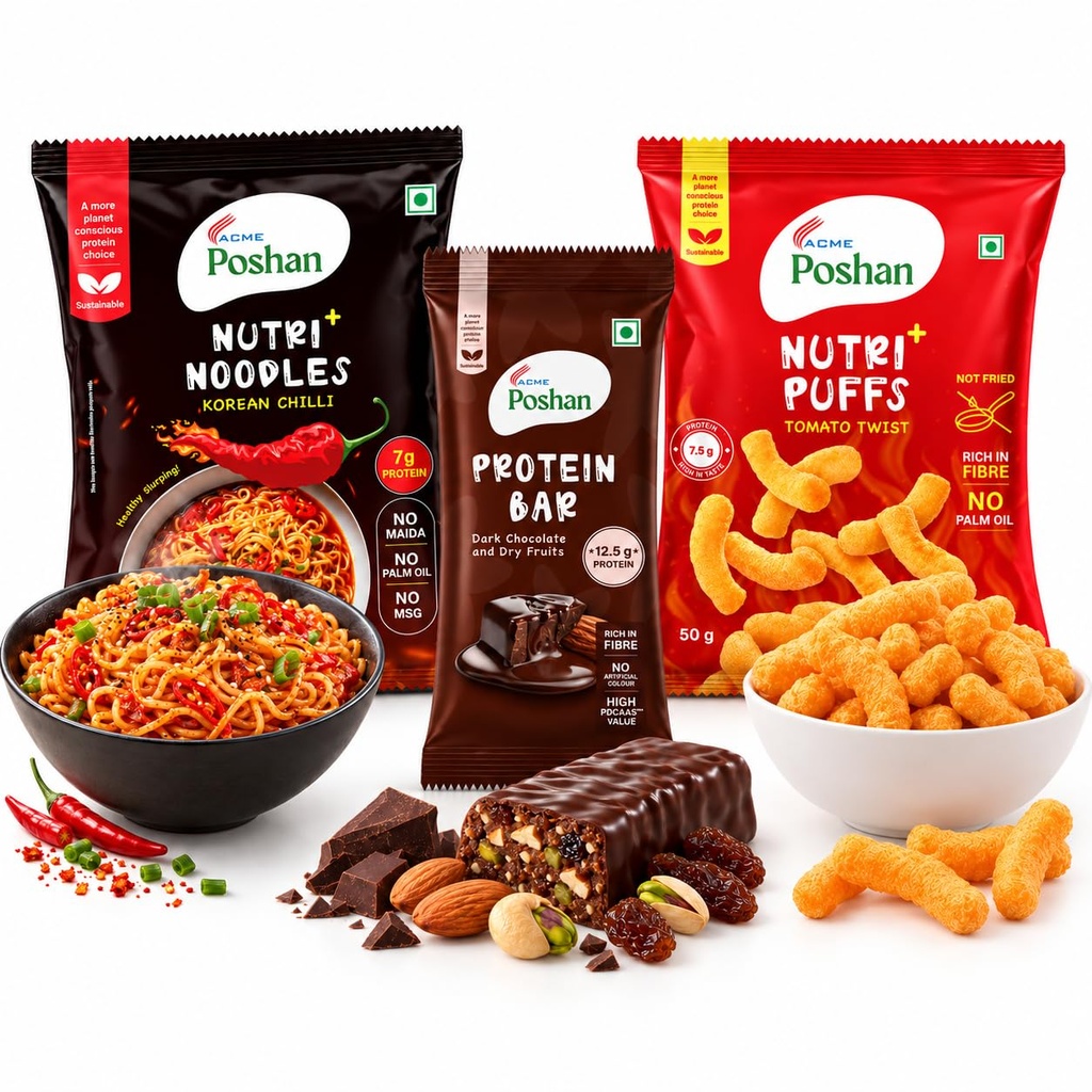 ACME Poshan Snack Variety Pack, Dark Chocolate & Dry Fruits Protein Bar, Nutri+ Noodles Korean Chilli, Nutri+ Puffs Tomato Twist, High Protein, No Palm Oil, No MSG Healthy Snacks Combo, Pack of 3