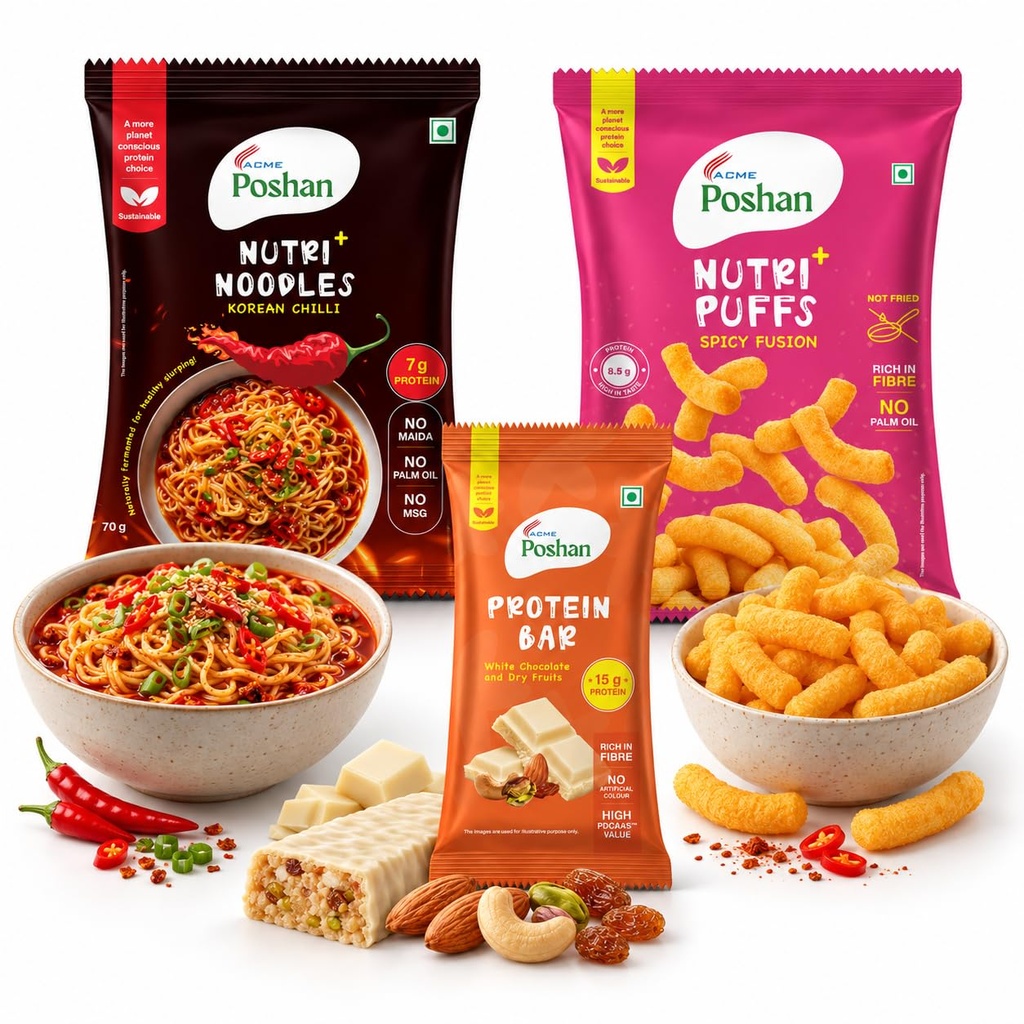 ACME Poshan Snack Variety Pack, White Chocolate & Dry Fruits Protein Bar, Nutri+ Noodles Korean Chilli, Nutri+ Puffs Spicy Fusion, High Protein, No Palm Oil, No MSG Healthy Snacks Combo, Pack of 3 (170g Total)