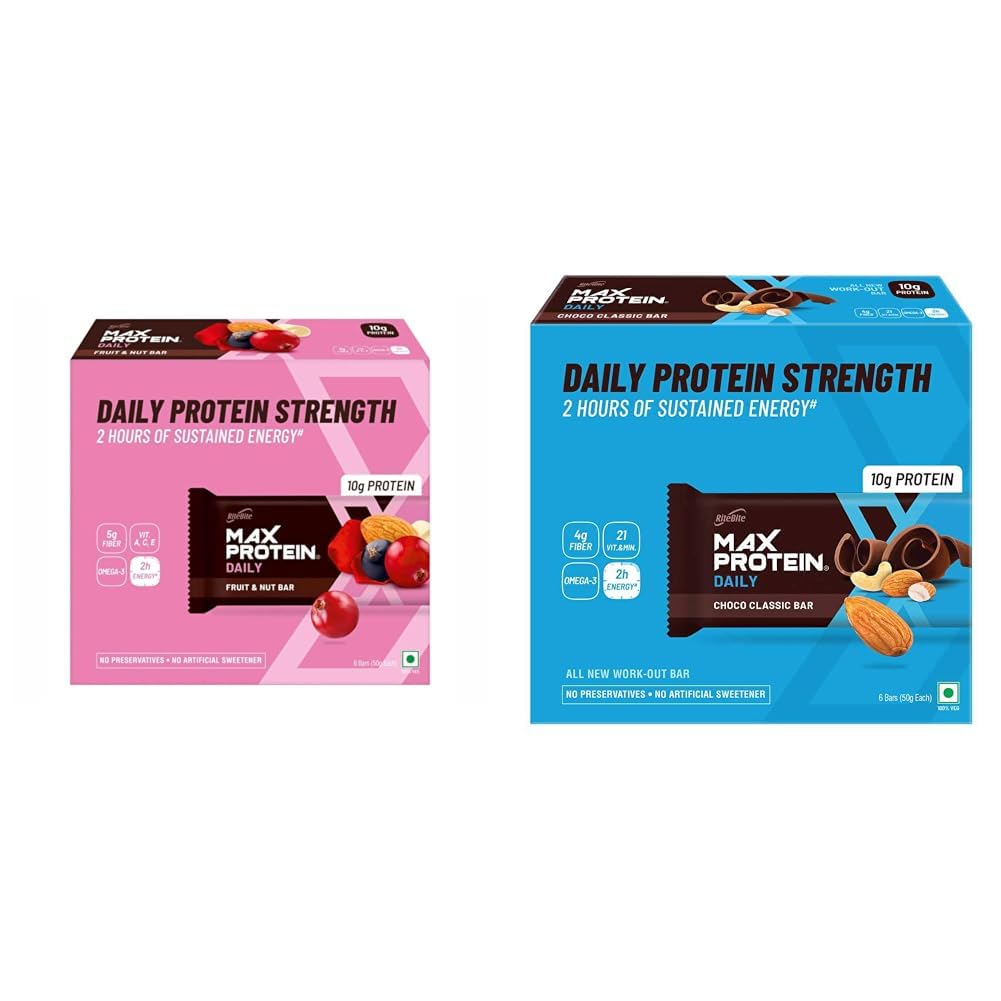 RiteBite Max Protein Daily Bars - Fruit & Nut + Choco Classic, 10g Protein, Fiber, Vitamins A, C, E, 300g Each (Pack of 6) Combo