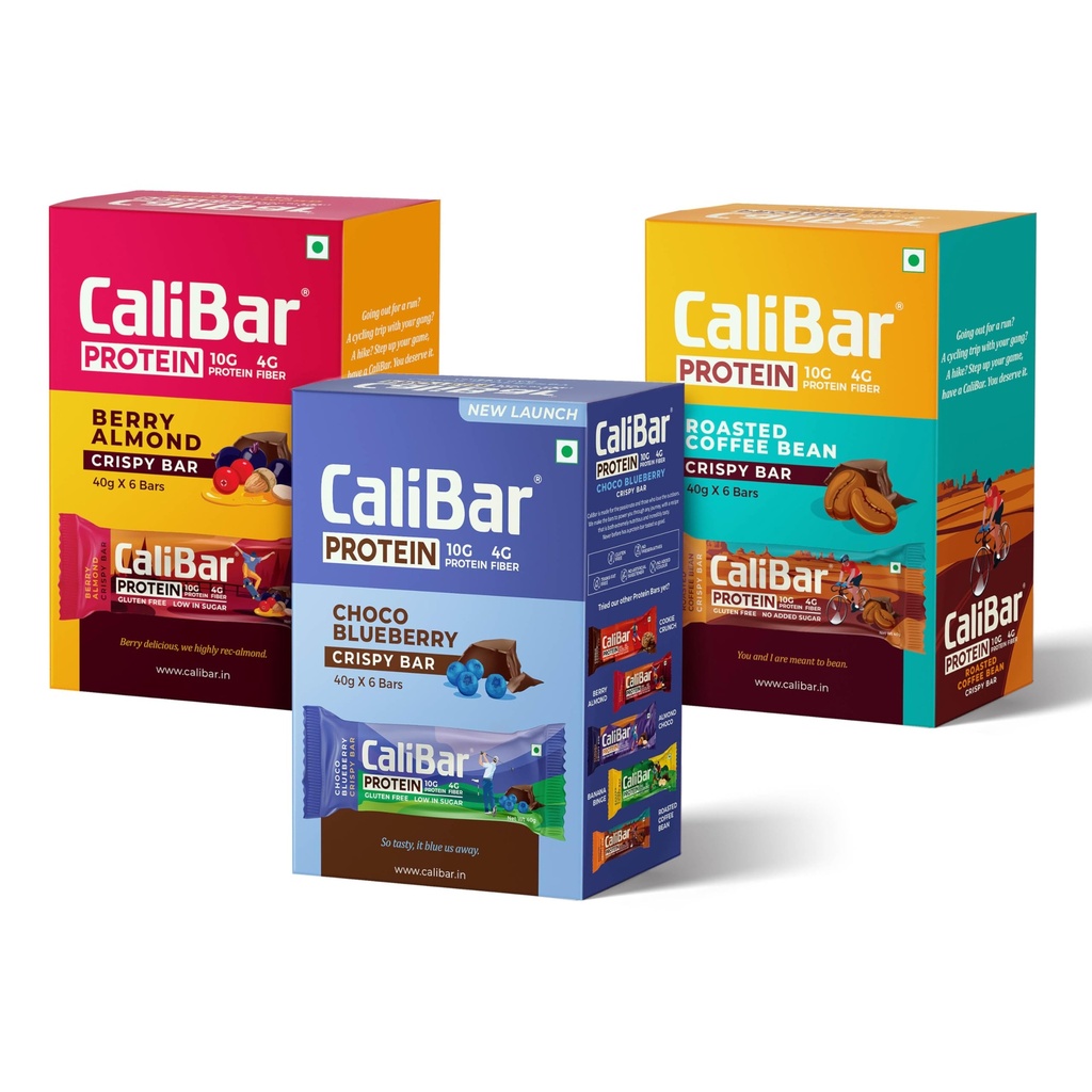 CaliBar 10g Protein - Three Varients Combo 6 Berry Almond, 6 Roasted Coffee, 6 Choco Blueberry (Pack of Total 18) (40g x 18 Bar)