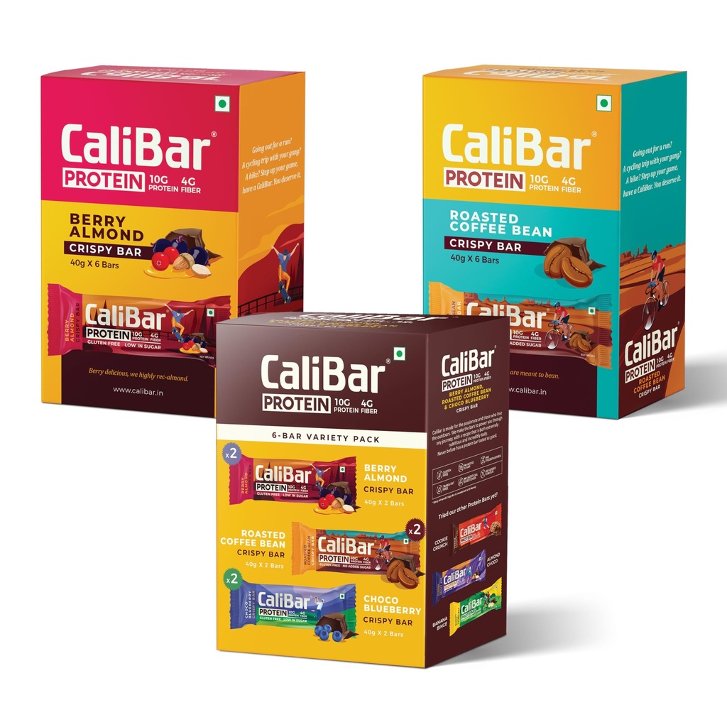CaliBar 10g Protein Bar Variety Pack,Roasted Coffee Bean & Berry Almond Crispy Protein Bar Combo - No Added Sugar, Gluten-Free, 4g Fiber, No Preservatives, No Palm Oil & 100% Veg. (40g x 18 Bars)