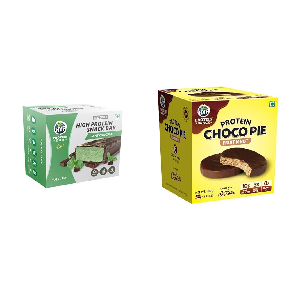 HYP- Lean Sugar-Free Protein Bar Mint Chocolate (6x40g) | 10g Protein per Bar | High Fiber | Low N | HYP Protein Choco Pie - Fruit N Nut (Pack of 6)