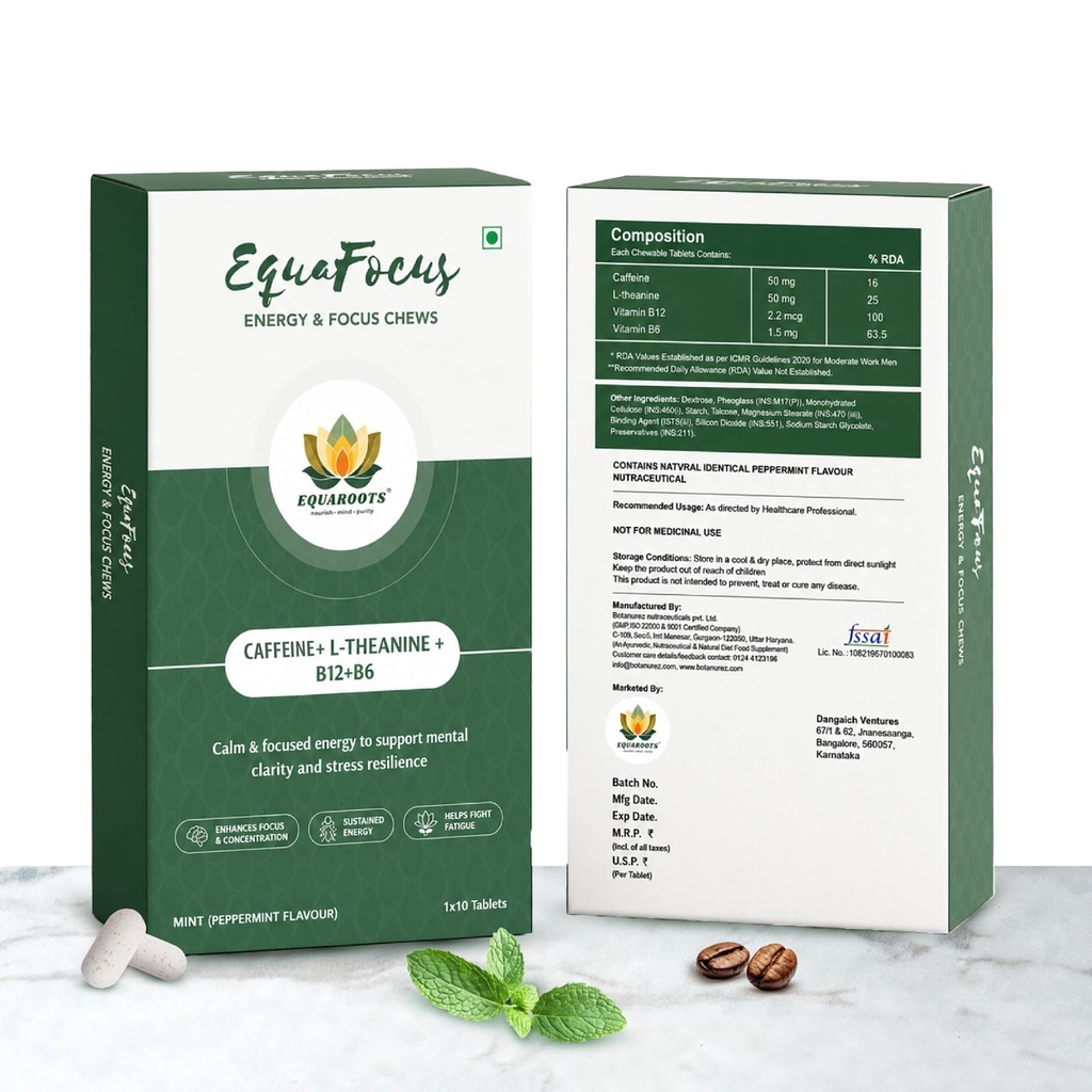 EquaFocus – Clean Energy & Focus Mints | 10 Chews | Peppermint | Jitter-Free Alertness & Sharp Focus | 50mg Caffeine + 50mg L-Theanine + Vitamin B6 & B12 | No Crash