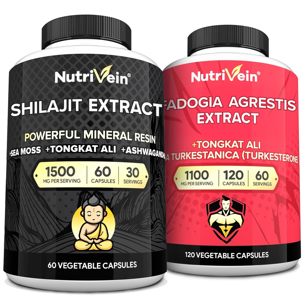 Nutrivein Premium Shilajit Capsules and Fadogia Agrestis Supplement Bundle: Powerful Shilajit for Women and Men + Fadogia Agrestis with Tongkat Ali Supplement for Performance, Endurance, & Vitality