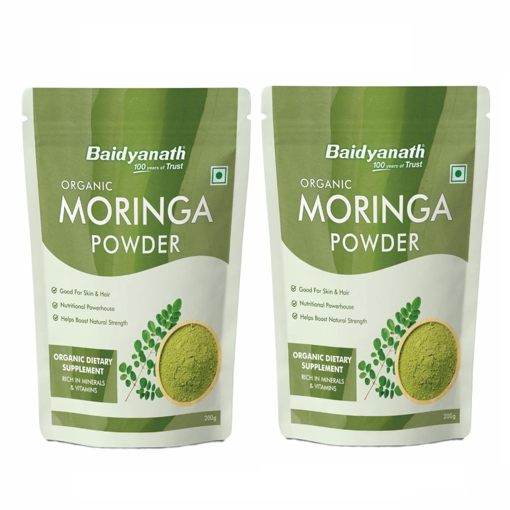 Baidyanath Ayurved Certified Organic Moringa Powder 200 gm | Pure Moringa (Drum Stick) Powder | Green Superfood for Energy, Immunity & Daily Wellness | Plant-Based Herbal Nutrition Supplement (Pack of 2)