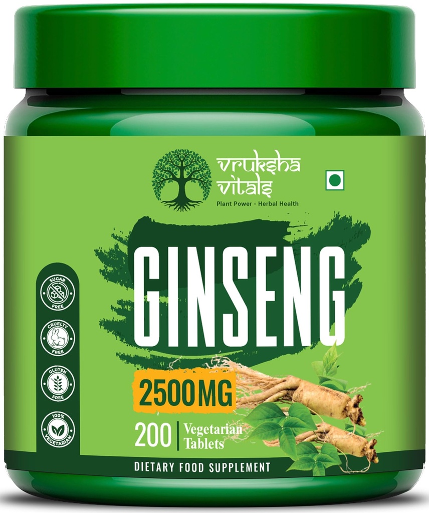 Vruksha Vitals Triple Ginseng Root - 2500 mg - Korean Red Panax Ginseng, Siberian and American Ginseng Extract Powder Tablets Capsules Supplement
