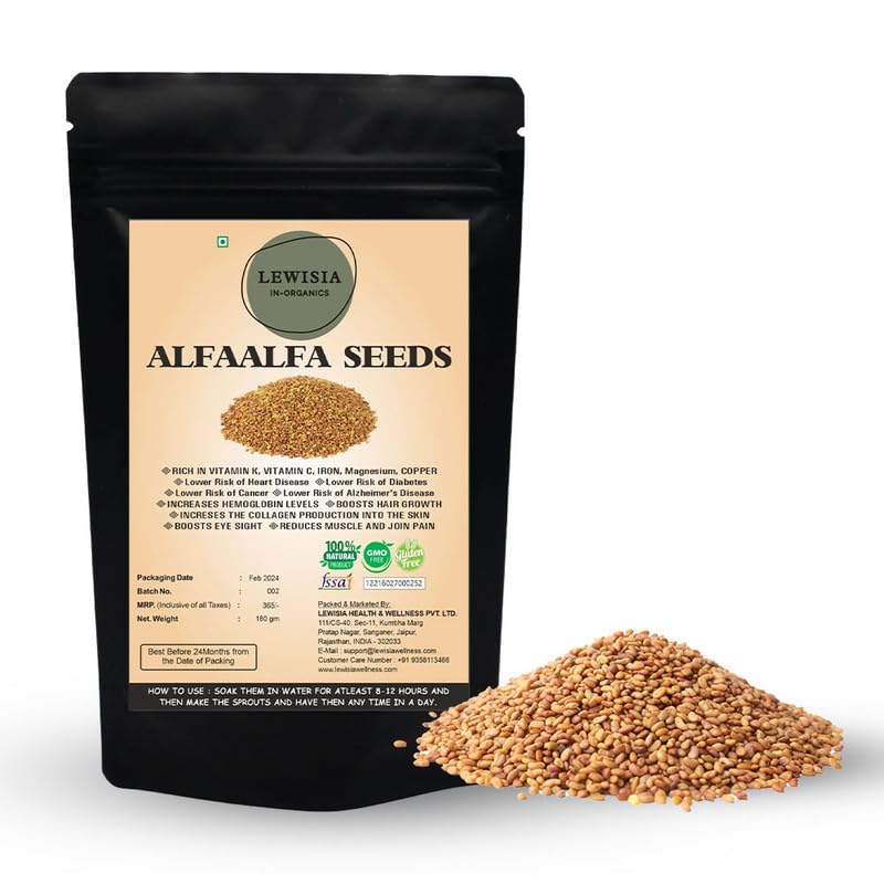 LEWISIA IN ORGANICS Alfaalfa Seed 180g – Alfalfa Seeds for Sprouting, Rich in Vitamins and Minerals, Ideal for Salads, Smoothies & Healthy Recipes, Boosts Immunity & Wellness