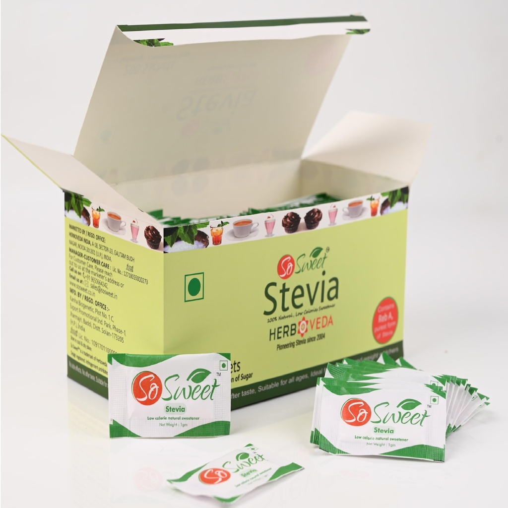 So Sweet Stevia Sachets Sugar Free Natural Sweetener | Low Calorie Sweetener for Tea, Coffee & Drink | Keto & Diabetic Friendly
