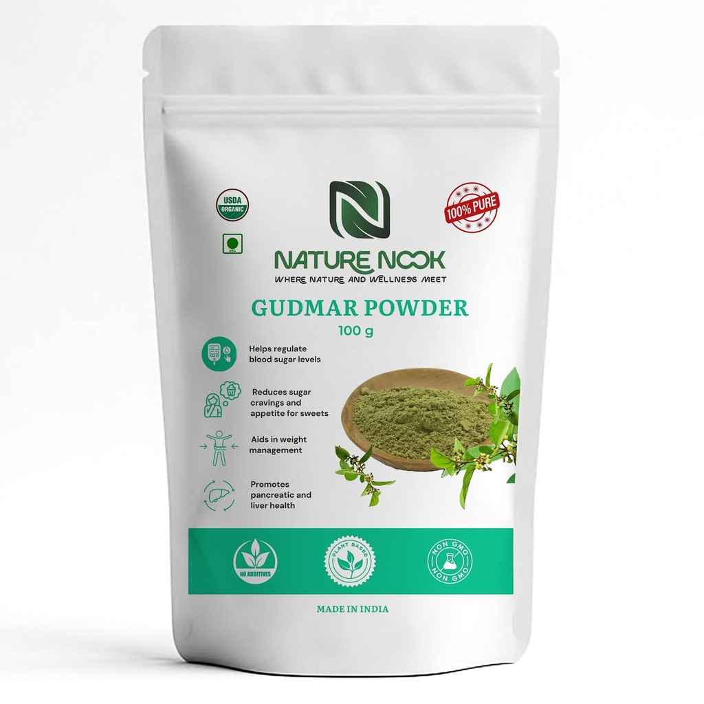 Organic Gudmar Powder-100gm | USDA Organic Madhunashini | Pure Herbal Leaf Powder | Gymnema Sylvester | Finely Milled Natural Supplement | Sugar Control Support | Vegan & Chemical Free for Adults