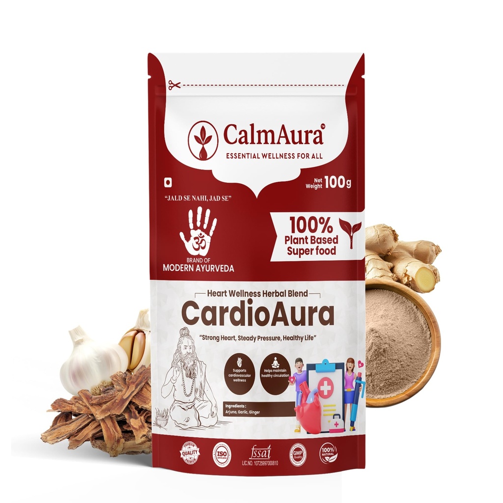 CalmAura CardioAura Ayurvedic Heart Wellness Powder 100g | Herbal Cardiovascular Support for Circulation Vitality & Lipid Balance with Arjuna Garlic Ginger | Vegan