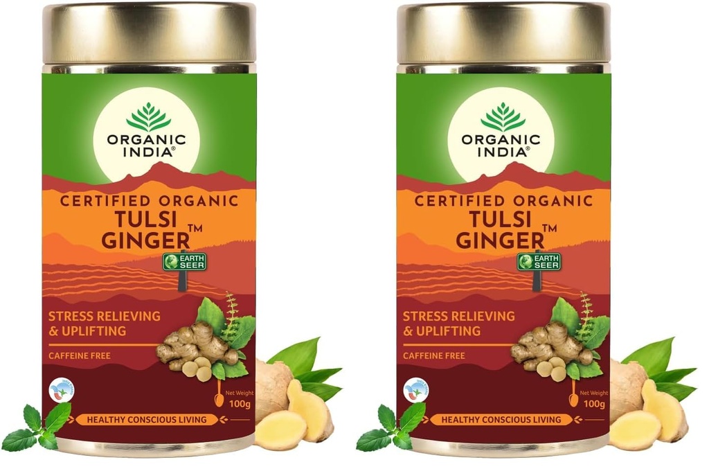 A TATA Product - Organic India Tulsi Ginger Tea - 100g, Rich in Antioxidants, Supports Digestion, Stress Relieving, Helps Boost Metabolism, Caffeine-Free, Whole Herbs (Pack of 2)