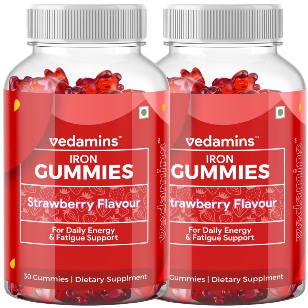 Iron Gummies for Women & Men – 60 Day Pack (60 Gummies) | Vitamin C for Better Iron Absorption | Vegan, Gentle on Stomach | Supports Haemoglobin, Energy & Hair Fall | Strawberry Flavour